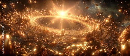 Golden Cosmic Spiral with Floating Asteroids in Deep Space