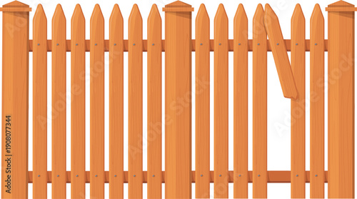 Broken wooden picket fence. Tall backyard barrier
