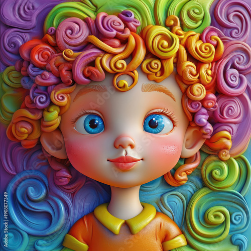 A close-up 3D portrait of a cheerful little girl in rainbow colors. Template for a children's card, invitation, or creative print. Sketch for a children's room decor, interior design for a children's 