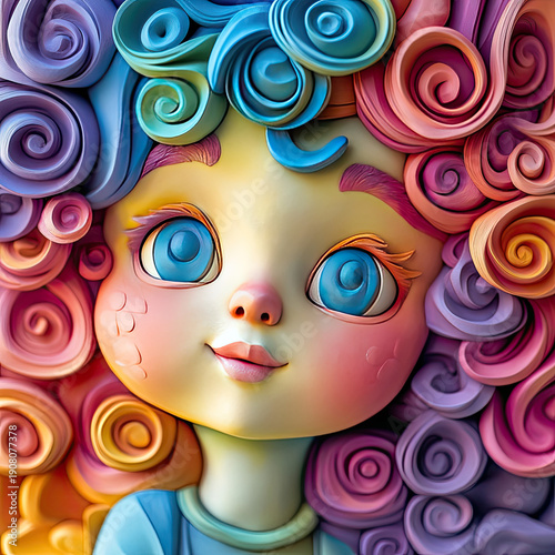 A close-up 3D portrait of a cheerful little girl in rainbow colors. Template for a children's card, invitation, or creative print. Sketch for a children's room decor, interior design for a children's 