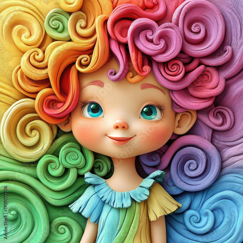 A close-up 3D portrait of a cheerful little girl in rainbow colors. Template for a children's card, invitation, or creative print. Sketch for a children's room decor, interior design for a children's 