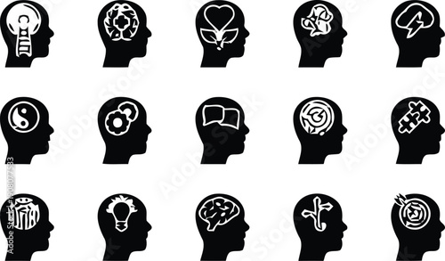 Collection of fifteen black silhouette icons depicting diverse human thoughts concepts like logic creativity emotion problem solving and balance within profile views