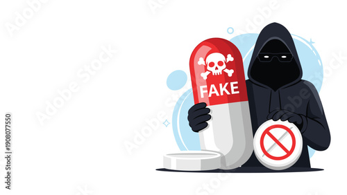 Hooded anonymous criminal holds a large medicinal capsule labeled fake with a skull and crossbones icon.