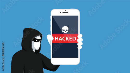 Hooded figure holding a mobile phone that displays a hacked warning message and a white skull illustration.