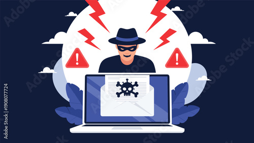 Cyber threat concept showing a malicious hacker with a laptop and skull email amidst lightning and storm clouds.