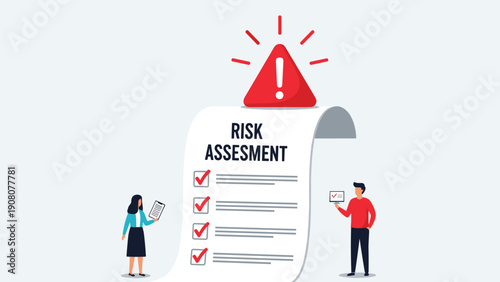 Risk assessment process showing two professionals reviewing a large checklist with a red caution triangle.