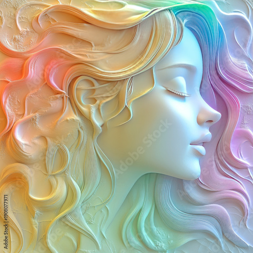 A 3D portrait of a beautiful stranger in rainbow tones. A template for a romantic card, invitation, or creative print. A sketch for the interior decor of an exhibition pavilion or gallery. Illustratio