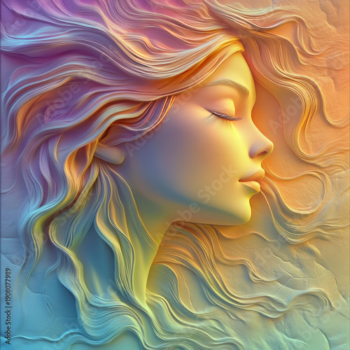 A 3D portrait of a beautiful stranger in rainbow tones. A template for a romantic card, invitation, or creative print. A sketch for the interior decor of an exhibition pavilion or gallery. Illustratio