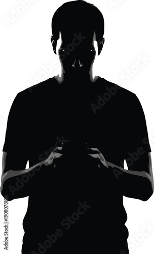 Silhouette man holding device with both hands close-up view