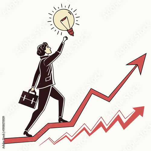 Vector illustration of a businessman running downward on an arrow symbolizing business decline and financial loss