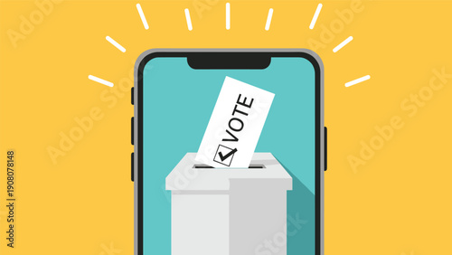 Smartphone screen showing a white ballot paper with a checkmark being placed into a voting box for digital elections.