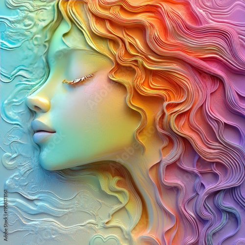 A 3D portrait of a beautiful stranger in rainbow tones. A template for a romantic card, invitation, or creative print. A sketch for the interior decor of an exhibition pavilion or gallery. Illustratio