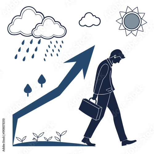 Silhouette vector illustration of a man walking on a snowy road holding an umbrella