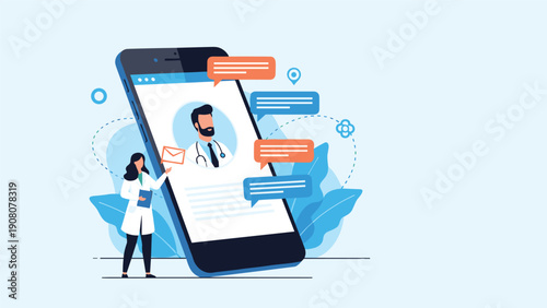 Online medical consultation on a smartphone screen showing a doctor profile with chat bubbles and medical professionals.