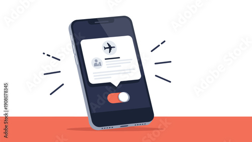 Smartphone displaying a flight booking notification with an airplane icon and a toggle switch for travel arrangements.