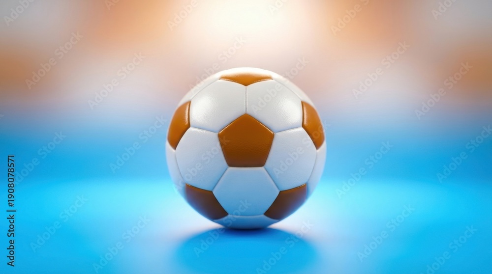 Naklejka premium Soccer ball with orange and white panels isolated on blue reflective surface with glow