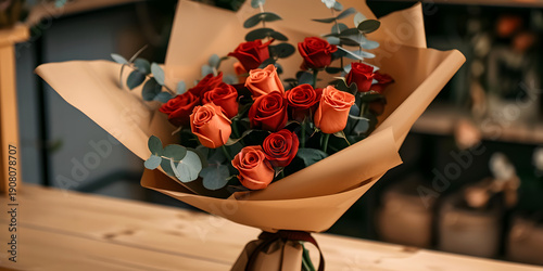 Bouquet of red and orange roses wrapped in brown paper with eucalyptus leaves, displayed on a wooden table in a floral shop setting