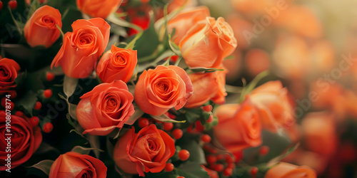 Vibrant bouquet of orange roses with green foliage and small red berries arranged artistically, showcasing the beauty of fresh flowers in a soft-focus background