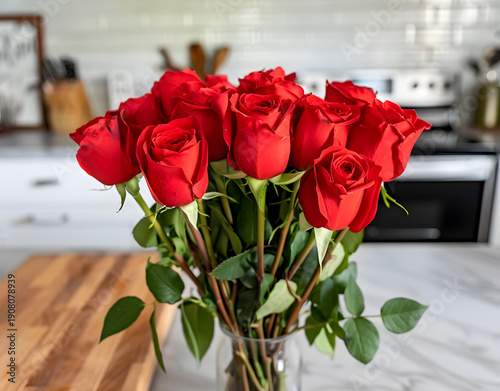 Bouquet of vibrant red roses arranged in a clear glass vase on a marble countertop with a modern kitchen background featuring appliances and utensils