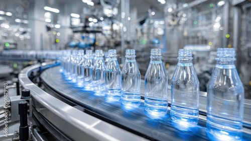 Clean plastic water bottles moving on an illuminated conveyor belt in a modern beverage factory.