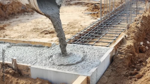 Pouring concrete for foundation at construction site in sunny weather
