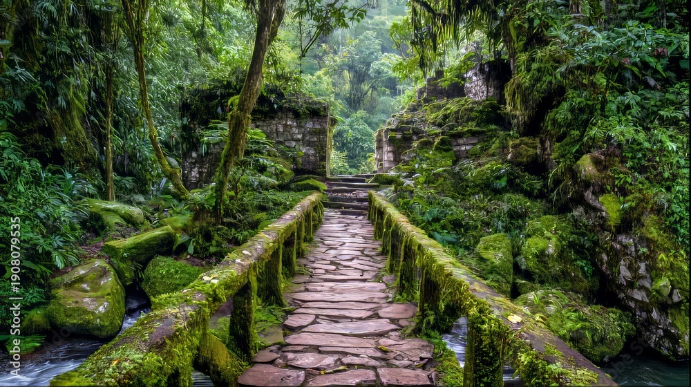 Obraz premium Wooden bridge over rainforest stream leading to ancient ruins, lush jungle trees, cascading water and moss covered path creating a serene yet adventurous forest landscape full of mystery exploration