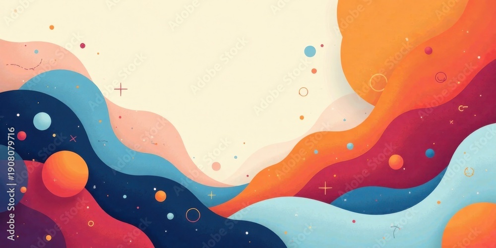 Fototapeta premium Abstract Colorful Waves with Scattered Planets and Symbols, a Vibrant Artistic Design for Backgrounds and Presentations