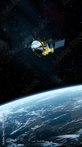 A 3D animation of a space satellite deploying solar panels during its orbital flight around Earth. The satellite's flight through space symbolizes space technology, communications, and explorations.