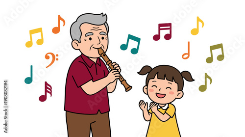 Grandfather Playing Recorder and Granddaughter Clapping. Music Education, Intergenerational Family Fun, Simple Vector Illustration.