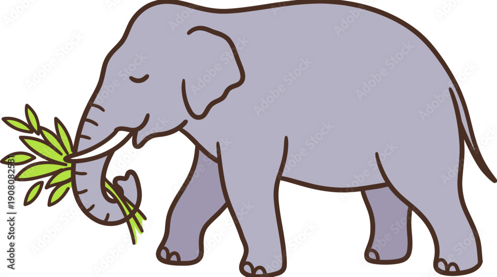 Fototapeta premium Cute Cartoon Elephant Eating Green Leaves with Trunk. Simple Doodle Vector Illustration of Wild Animal Isolated on White Background.