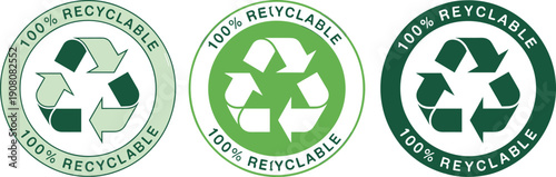 Set of green 100 percent recyclable labels with recycling symbol, eco friendly vector badges for sustainable packaging, environmental awareness, and green branding design