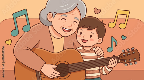 Happy Grandmother Teaching Grandson to Play Guitar: Intergenerational Music Lesson and Family Bonding. Cute Cartoon Vector Illustration.