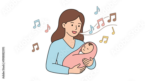 Cartoon Mother Singing Lullaby to Newborn Baby. Simple Vector Illustration of Maternal Bonding, Care, and Childhood Music.