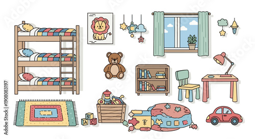 A collection of colorful children's bedroom furniture and playful decor elements.