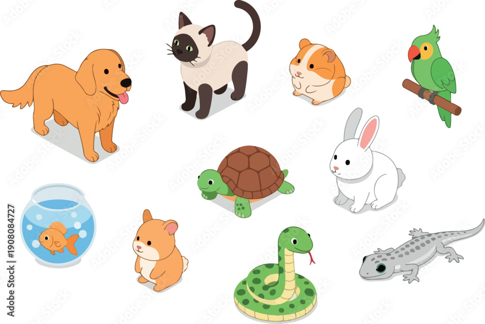 Obraz premium A collection of various cartoon animals including a dog, cat, parrot, and other creatures, displayed together in a playful arrangement
