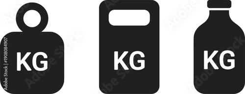 Weight measurement icons set with kilogram symbols, minimalist black vector illustration representing mass, balance, scale, packaging, shipping, and fitness measurement concepts
