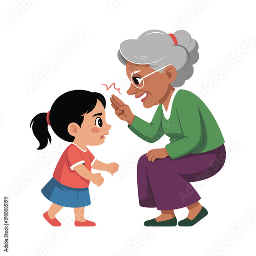 A young girl checking her temperature with her grandmother