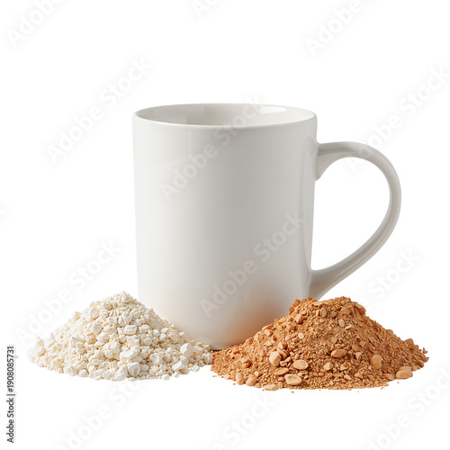 Cup Placed Near Piles of White and Brown Flour on a Plain Surface in a Kitche...