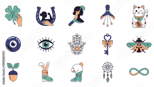 Collection of Lucky Charms and Talismans for Good Fortune and Protection.