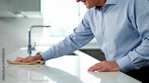 Man cleaning kitchen countertop with cloth for a tidy home environment. Cleaning process involves wiping surfaces to remove dust and stains effectively. Concept for home maintenance and cleanliness.