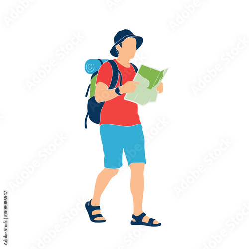 Tourist Hiker Navigating with Paper Map