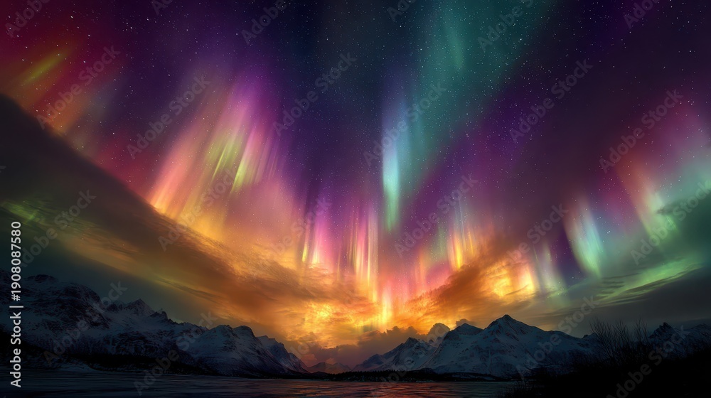 Obraz premium Bright colors light up the night sky above mountains and a calm body of water during the aurora borealis display in Norway