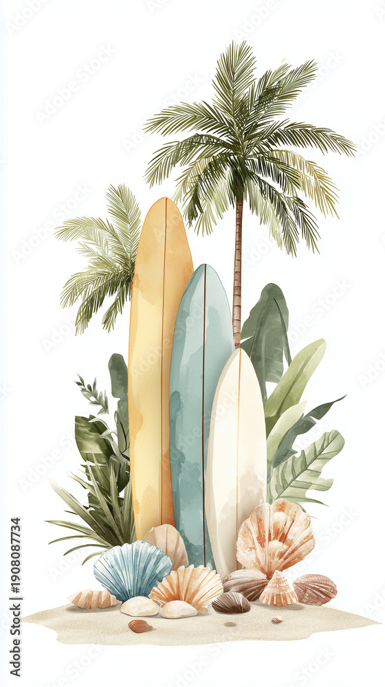 Obraz premium Watercolor Surfboards on Beach with Palms