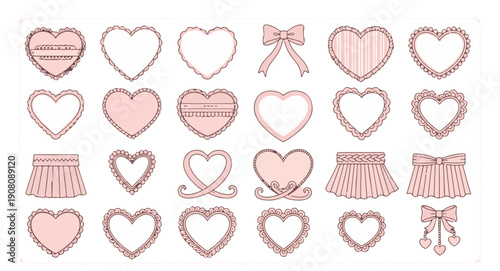 Pink aesthetic heart frames collection with lace ribbons, bows, and ruffled borders for romantic labels, wedding stationery, and Valentine design elements.