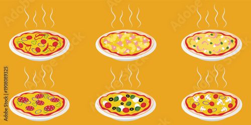 Pizza set with different ingredients, Margherita, Pepperoni, Shrimp, Mushrooms, Hawaii