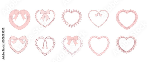 Fotografie Pink coquette heart frames and decorative borders set with lace, ribbons, bows, and ruffled aesthetic elements for romantic wedding and Valentine's Day design