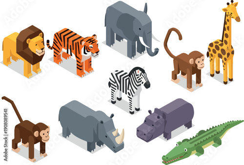 Various wild animals, including mammals and reptiles, illustrated in a grid pattern against a plain background from a direct viewpoint.