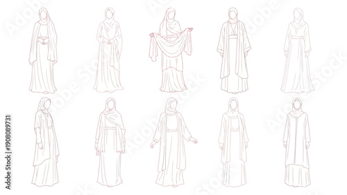 Line art illustrations depict various modestly dressed figures in flowing robes and head coverings