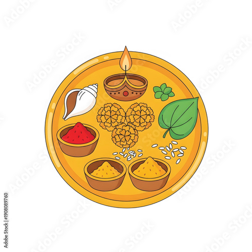 A Traditional Pooja Thali with a Diya, Shankh, and Spices for Holika Dahan Celebrations