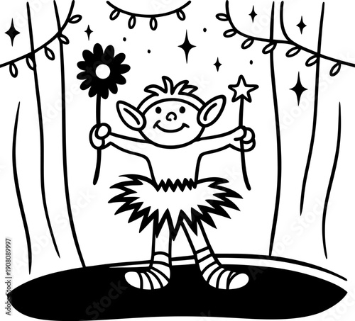 Child elf performing on stage with magic wand and flower, fairy tale costume and festive atmosphere